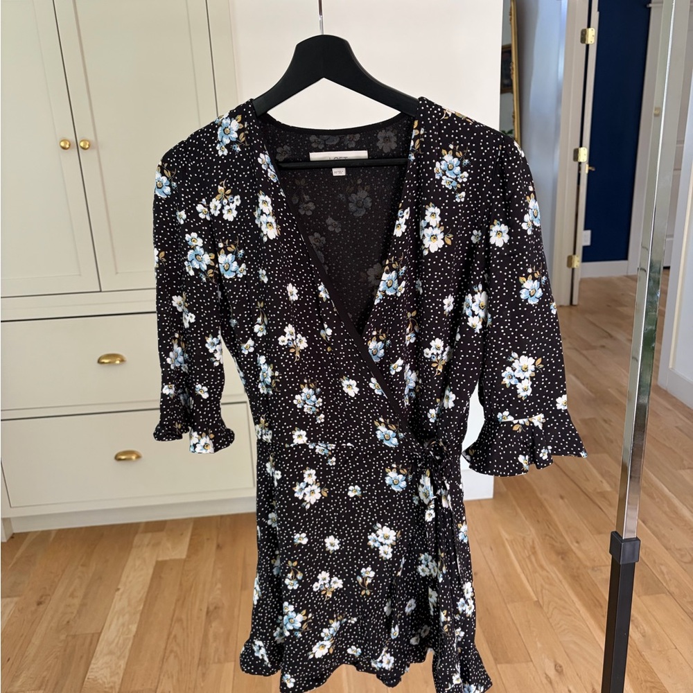 Loft Black Floral Wrap Mini Dress with Blue and White Blooms